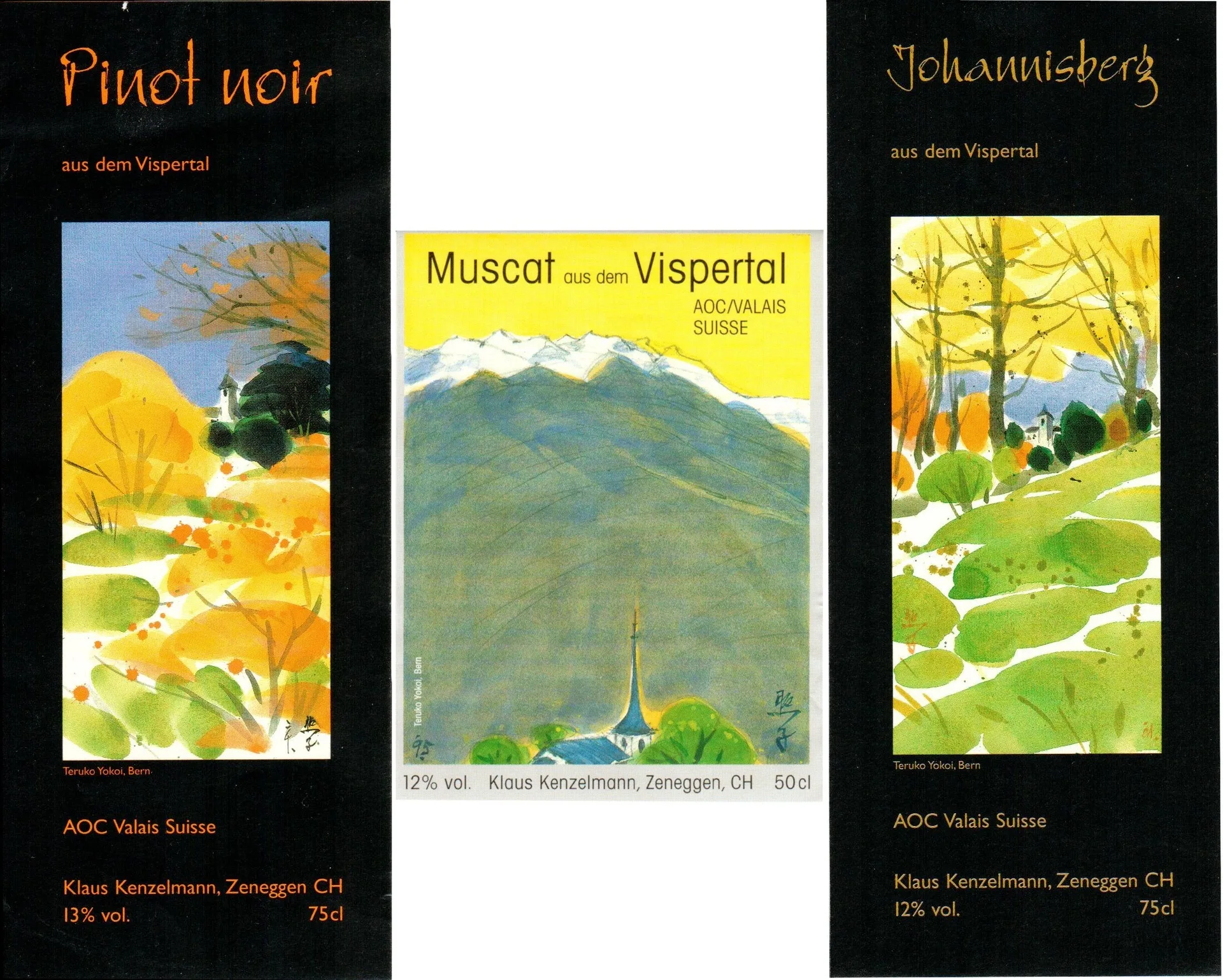 Trois étiquettes Eigänä – Pinot noir, Muscat et Johannisberg, peintes par Teruko Yokoi